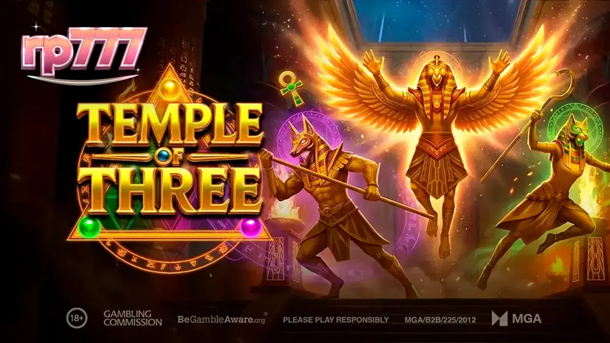 Tampilan visual slot Temple of Three dengan elemen Mesir Kuno dan simbol dewa.